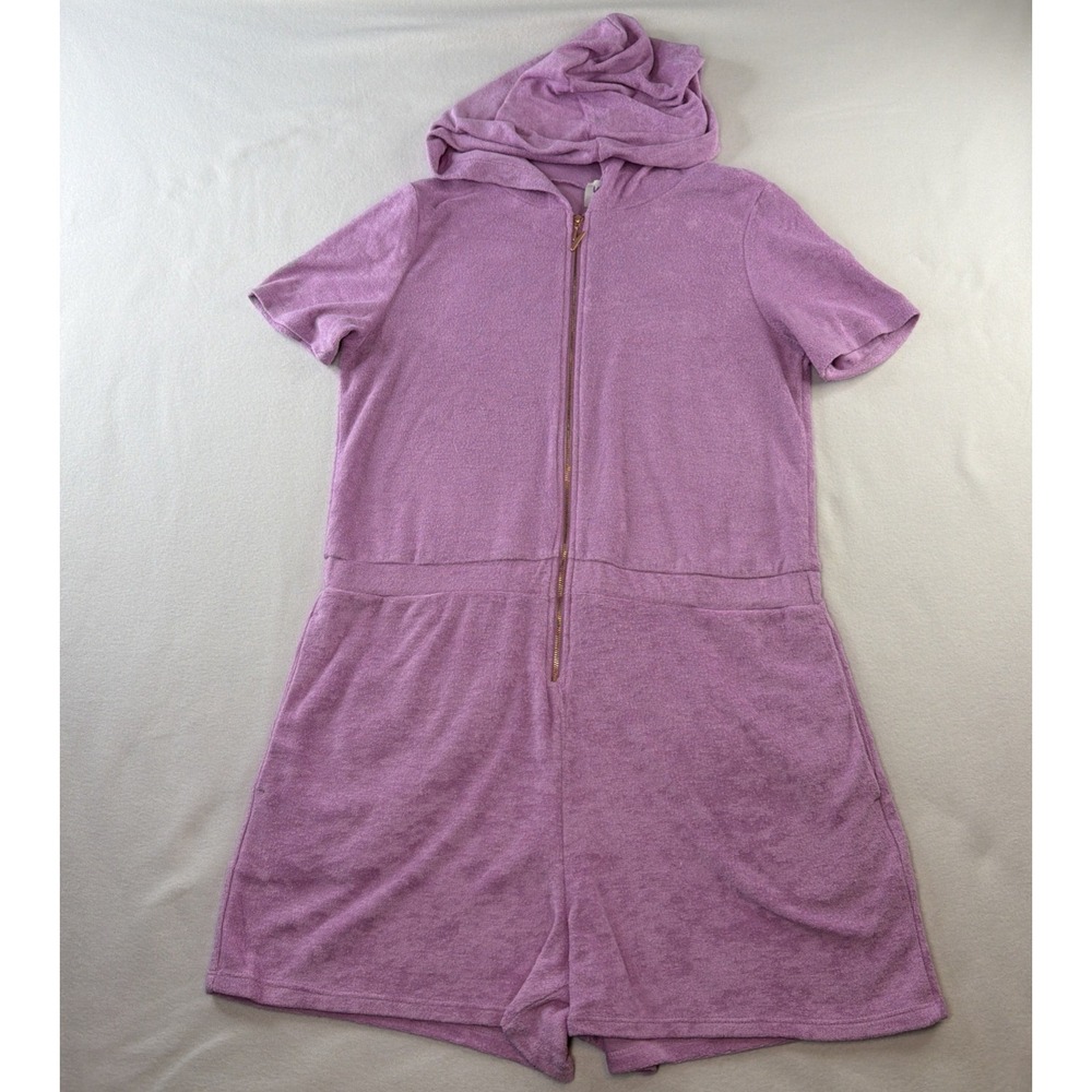 Yitty Womens XL Purple Terry Romper Hooded Zip Up Shorts Heart Pockets